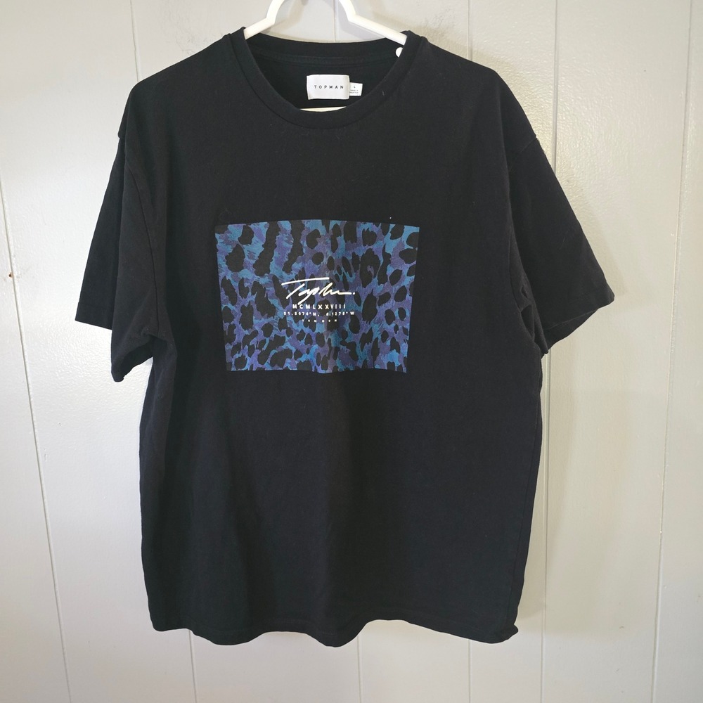 Topman Graphic T-Shirt Mens Large Black Blue Leopard Print Streetwear Tee